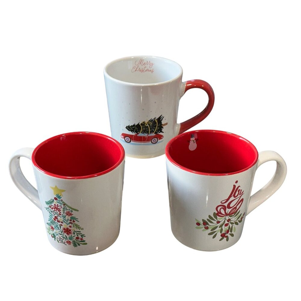Christmas Ceramic Mug Set Red Interior Holiday Coffee Cups Joy Tree Car Design - Picture 2 of 10